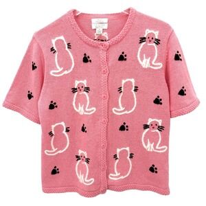 Vintage Christopher & Banks Hand Knit Cat Cardigan Sz M Embroidered Sweater Pink
